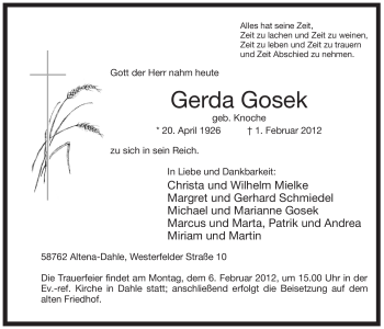 Traueranzeige von Gerda Gosek von WESTFÄLISCHER ANZEIGER