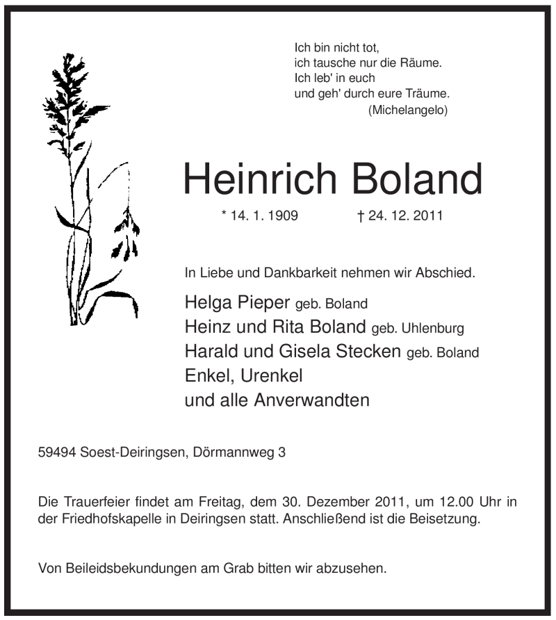  Traueranzeige für Heinrich Boland vom 28.12.2011 aus WESTFÄLISCHER ANZEIGER