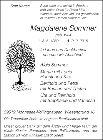 Traueranzeige von Magdalene Sommer von MZV