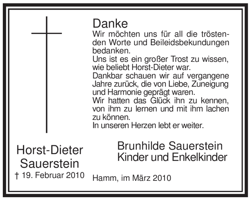  Traueranzeige für Horst-Dieter Sauerstein vom 20.03.2010 aus WESTFÄLISCHER ANZEIGER