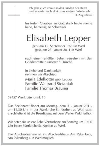 Traueranzeige von Elisabeth Lepper von WESTFÄLISCHER ANZEIGER