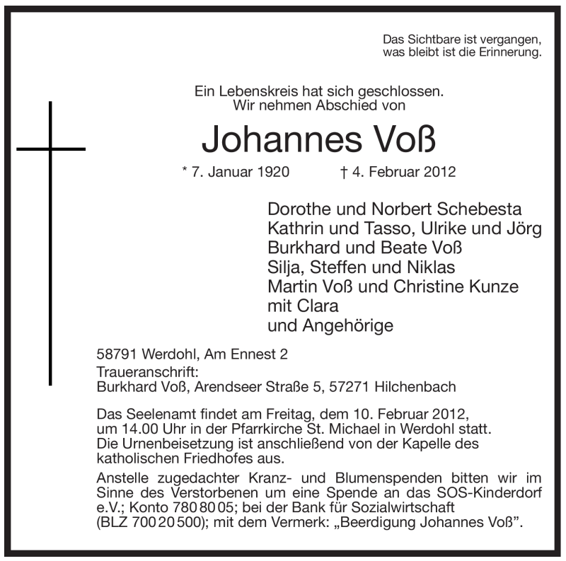  Traueranzeige für Johannes Voß vom 08.02.2012 aus WESTFÄLISCHER ANZEIGER