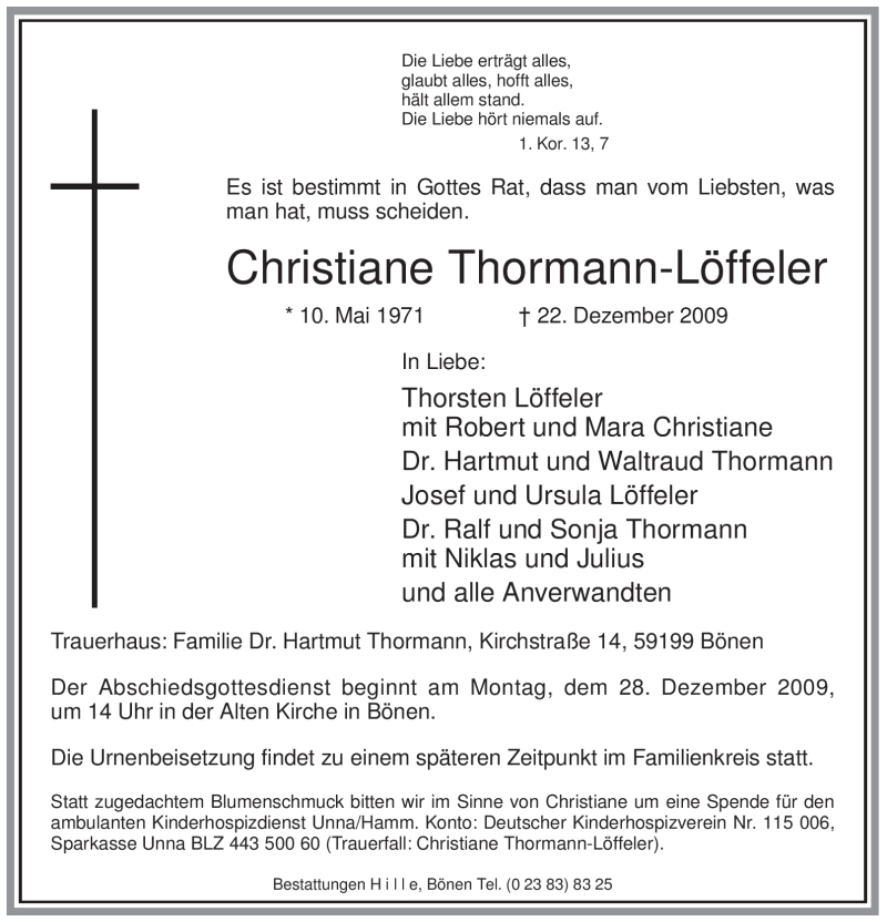  Traueranzeige für Christiane Thormann-Löffeler vom 24.12.2009 aus WESTFÄLISCHER ANZEIGER
