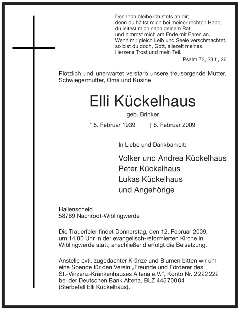  Traueranzeige für Elli Kückelhaus vom 10.02.2009 aus WESTFÄLISCHER ANZEIGER