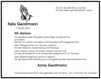 Traueranzeige von Felix Gerstmann von WESTFÄLISCHER ANZEIGER