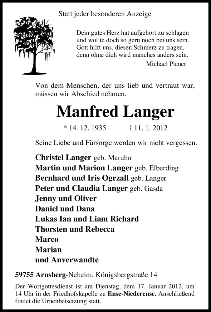  Traueranzeige für Manfred Langer vom 12.01.2012 aus WESTFÄLISCHER ANZEIGER