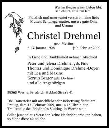 Traueranzeige von Christel Drehmel von WESTFÄLISCHER ANZEIGER