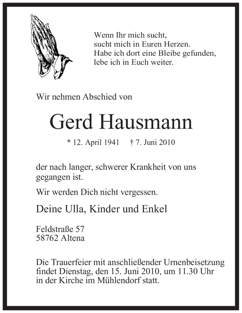  Traueranzeige für Gerd Hausmann vom 09.06.2010 aus WESTFÄLISCHER ANZEIGER