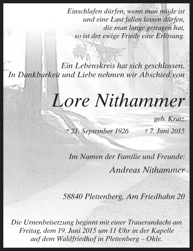  Traueranzeige für Lore Nithammer vom 16.06.2015 aus MZV