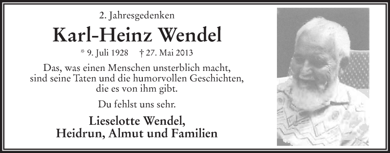  Traueranzeige für Karl-Heinz Wendel vom 27.05.2015 aus MZV
