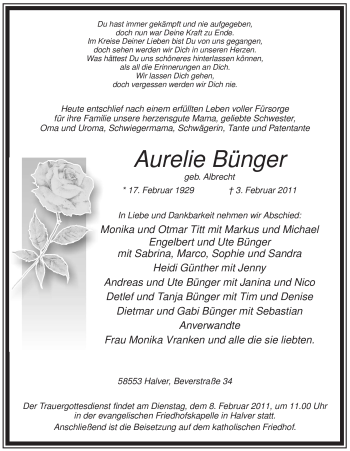 Traueranzeige von Aurelie Bünger von WESTFÄLISCHER ANZEIGER