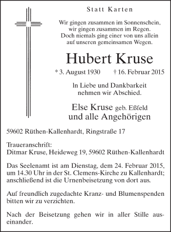 Traueranzeige von Hubert Kruse von MZV