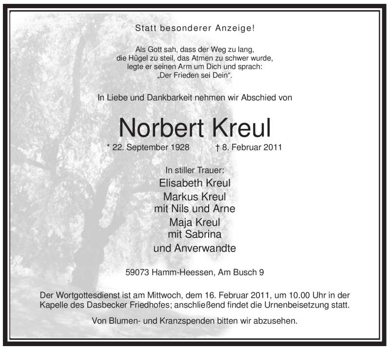  Traueranzeige für Norbert Kreul vom 12.02.2011 aus WESTFÄLISCHER ANZEIGER
