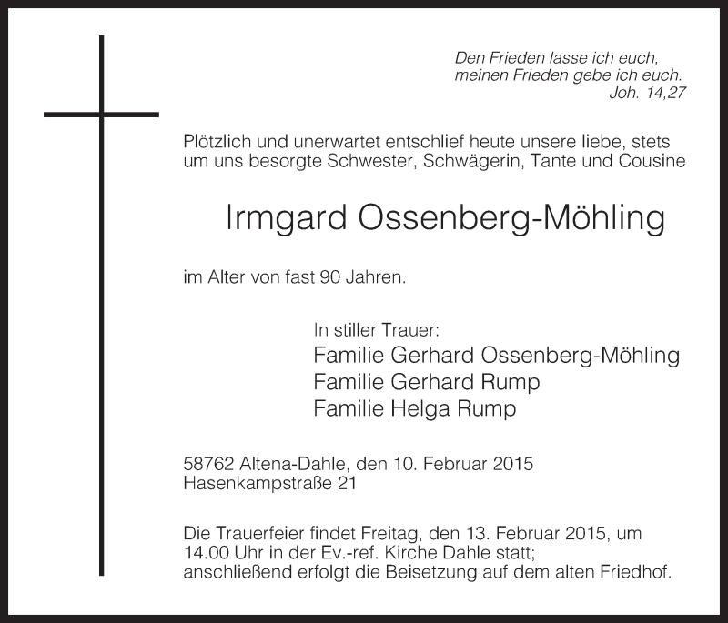  Traueranzeige für Irmgard Ossenberg-Möhling vom 11.02.2015 aus MZV