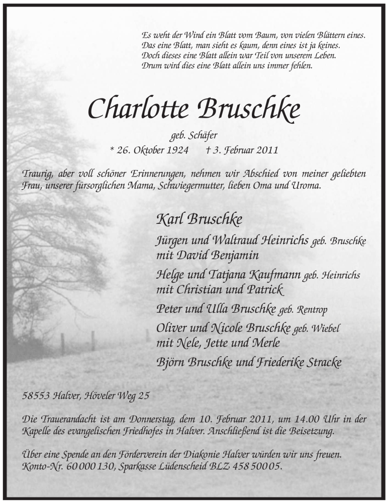  Traueranzeige für Charlotte Bruschke vom 08.02.2011 aus WESTFÄLISCHER ANZEIGER