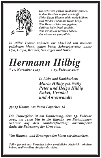 Traueranzeige von Hermann Hilbig von WESTFÄLISCHER ANZEIGER