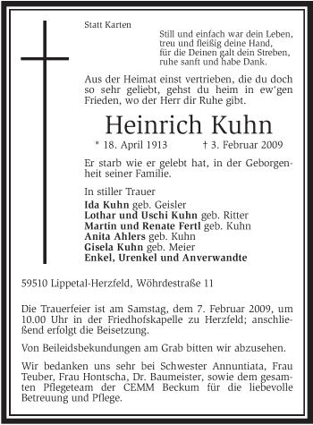 Traueranzeige von Heinrich Kuhn von WESTFÄLISCHER ANZEIGER