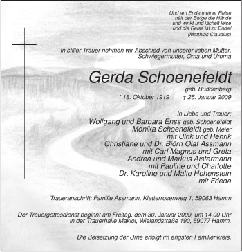 Traueranzeige von Gerda Schoenefeldt von WESTFÄLISCHER ANZEIGER
