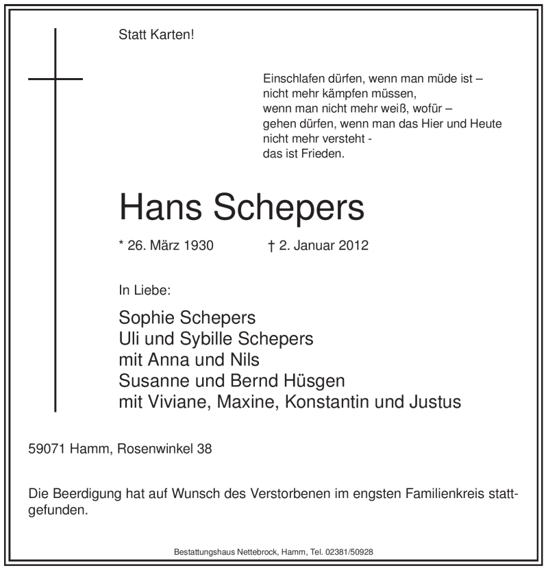  Traueranzeige für Hans Schepers vom 10.01.2012 aus WESTFÄLISCHER ANZEIGER