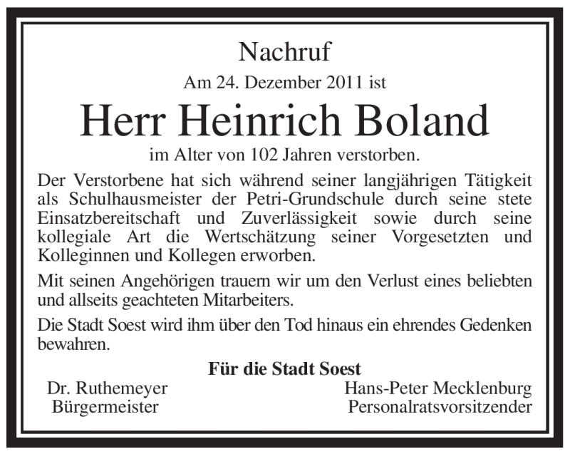  Traueranzeige für Heinrich Boland vom 29.12.2011 aus WESTFÄLISCHER ANZEIGER