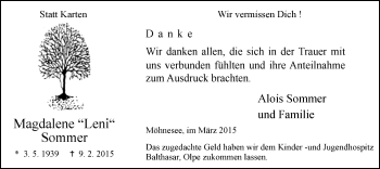 Traueranzeige von Magdalene Sommer von MZV