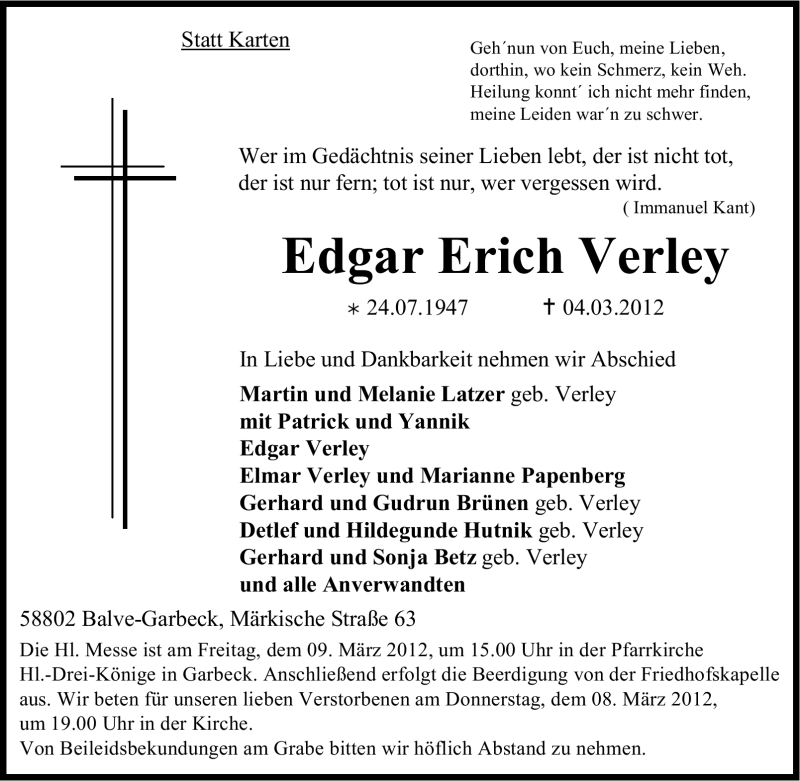 Traueranzeige für Edgar Erich Verley vom 06.03.2012 aus WESTFÄLISCHER ANZEIGER