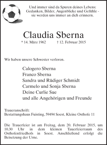 Traueranzeige von Claudia Sberna von MZV