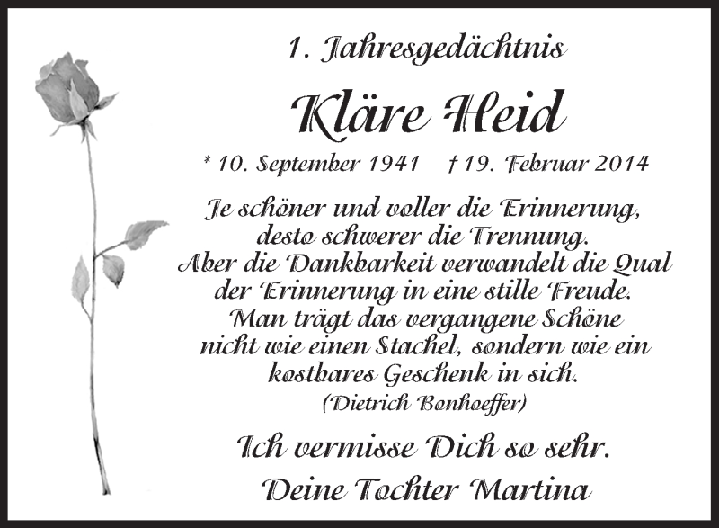  Traueranzeige für Kläre Heid vom 19.02.2015 aus MZV