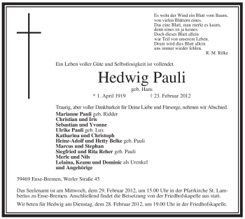 Traueranzeige von Hedwig Pauli von WESTFÄLISCHER ANZEIGER