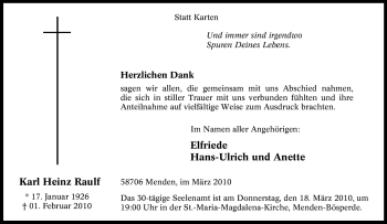 Traueranzeige von Karl Heinz Raulf von WESTFÄLISCHER ANZEIGER