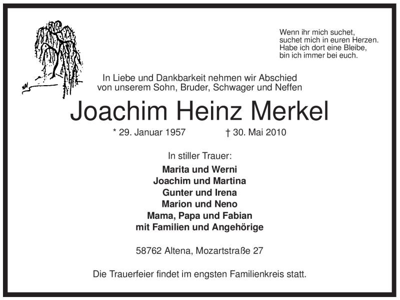  Traueranzeige für Joachim Heinz Merkel vom 09.06.2010 aus WESTFÄLISCHER ANZEIGER