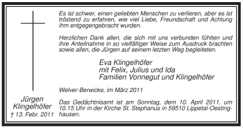 Traueranzeige von Jürgen Klingelhöfer von WESTFÄLISCHER ANZEIGER