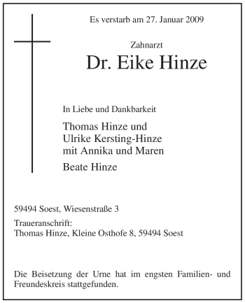Traueranzeige von Eike Hinze von WESTFÄLISCHER ANZEIGER