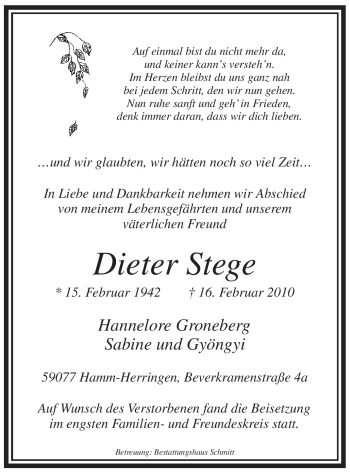 Traueranzeige von Dieter Stege von WESTFÄLISCHER ANZEIGER