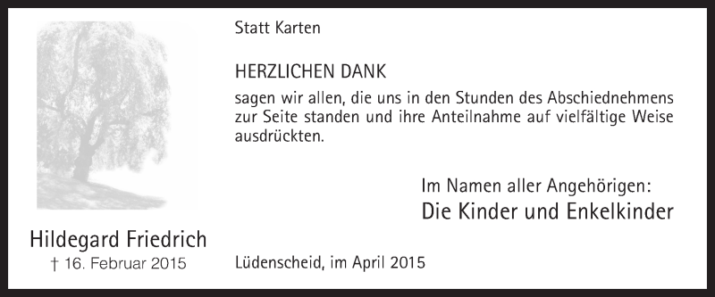  Traueranzeige für Hildegard Friedrich vom 04.04.2015 aus MZV