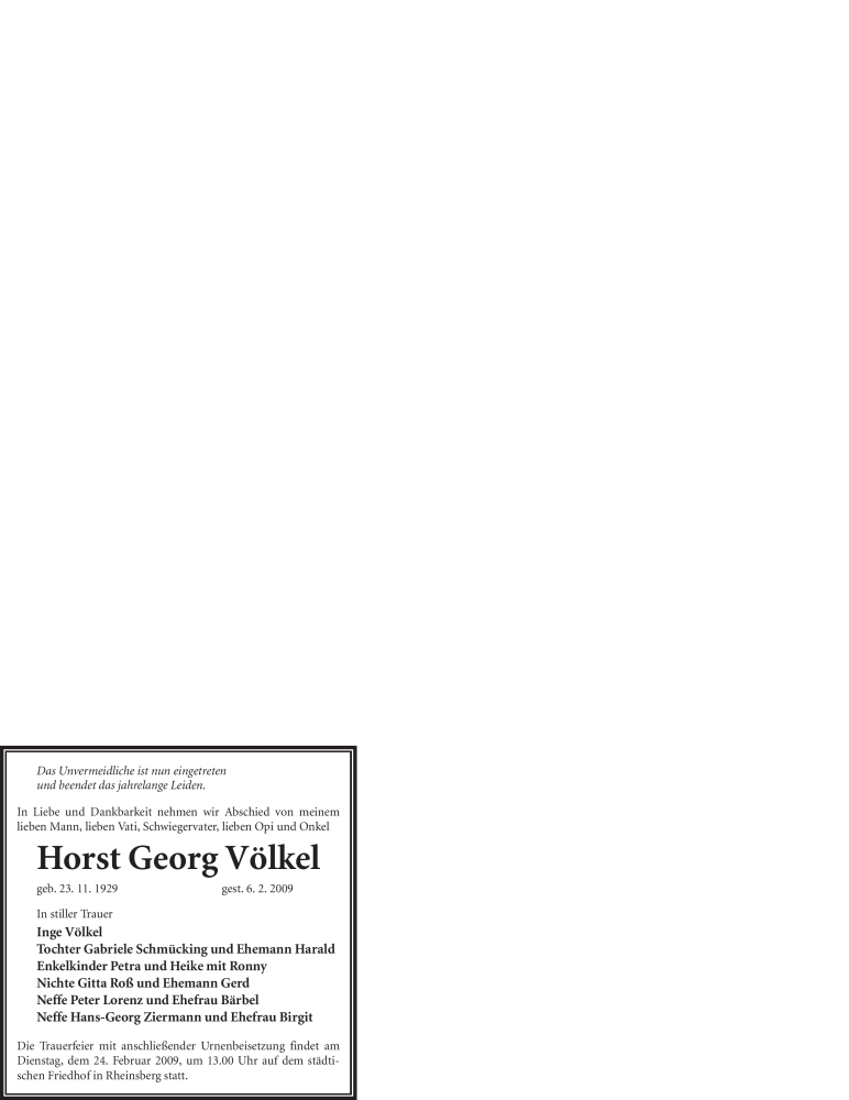  Traueranzeige für Horst Georg Völkel vom 21.02.2009 aus WESTFÄLISCHER ANZEIGER