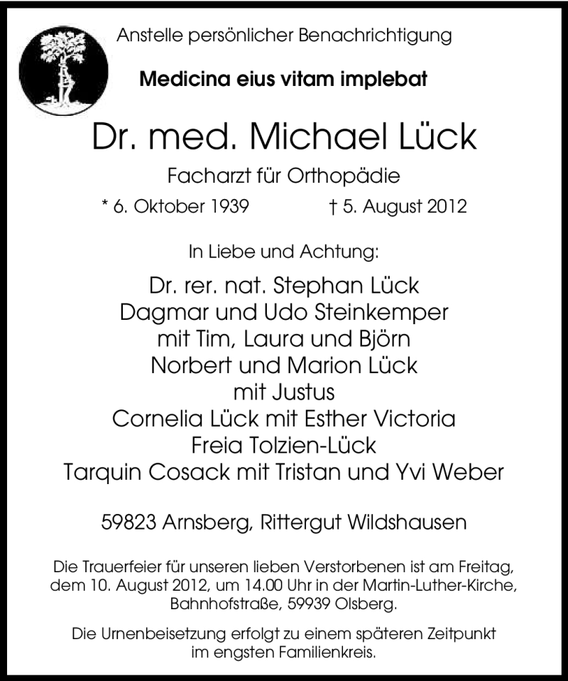  Traueranzeige für Michael Lück vom 10.08.2012 aus WESTFÄLISCHER ANZEIGER
