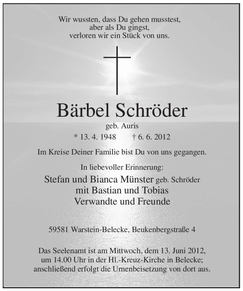  Traueranzeige für Bärbel Schröder vom 09.06.2012 aus WESTFÄLISCHER ANZEIGER