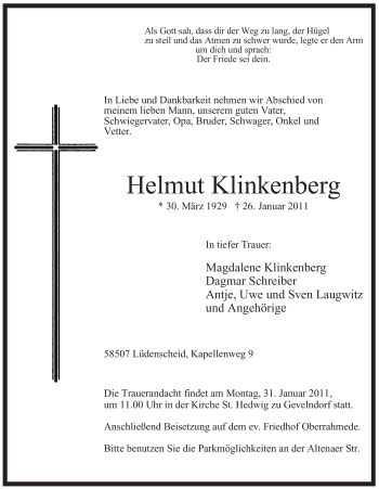 Traueranzeige von Helmut Klinkenberg von WESTFÄLISCHER ANZEIGER