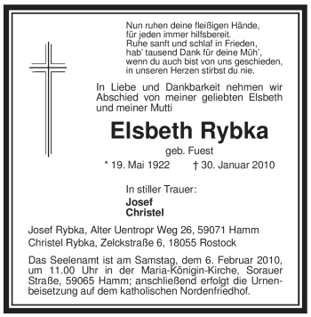 Traueranzeige von Elsbeth Rybka von WESTFÄLISCHER ANZEIGER