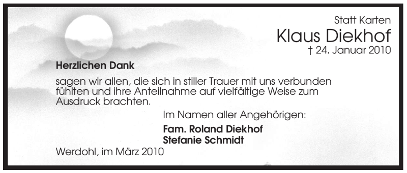  Traueranzeige für Klaus Diekhof vom 13.03.2010 aus WESTFÄLISCHER ANZEIGER