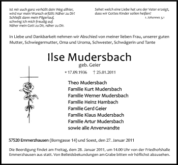 Traueranzeige von Ilse Mudersbach von WESTFÄLISCHER ANZEIGER