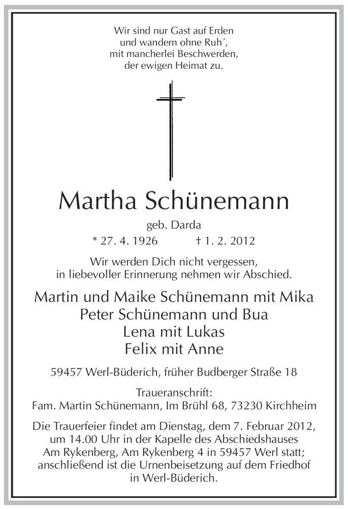  Traueranzeige für Martha Schünemann vom 03.02.2012 aus WESTFÄLISCHER ANZEIGER