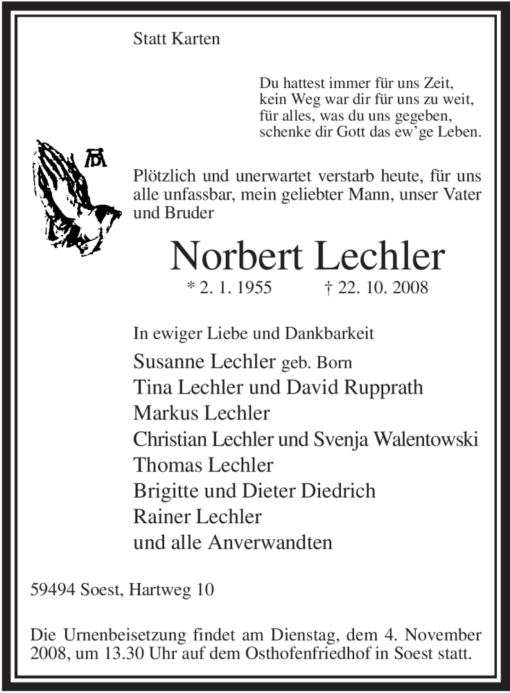  Traueranzeige für Norbert Lechler vom 29.10.2008 aus WESTFÄLISCHER ANZEIGER