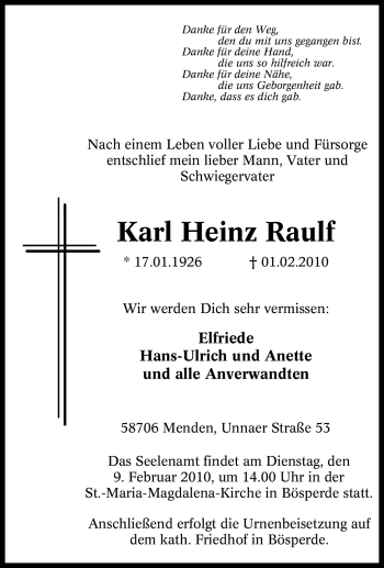 Traueranzeige von Karl Heinz Raulf von WESTFÄLISCHER ANZEIGER