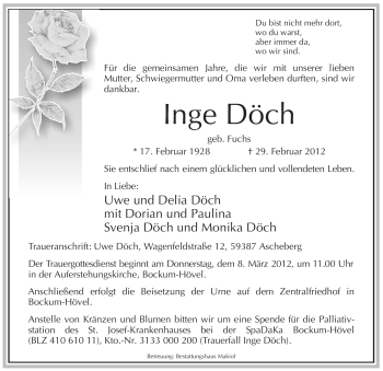 Traueranzeige von Inge Döch von WESTFÄLISCHER ANZEIGER