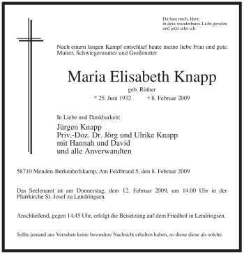 Traueranzeige von Maria Elisabeth Knapp von WESTFÄLISCHER ANZEIGER