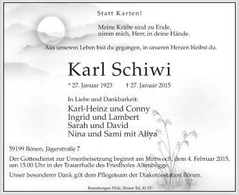 Traueranzeige von Karl Schiwi von MZV