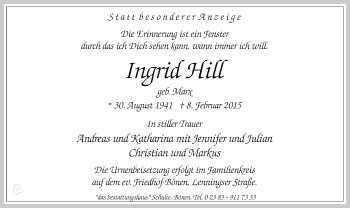 Traueranzeige von Ingrid Hill von MZV