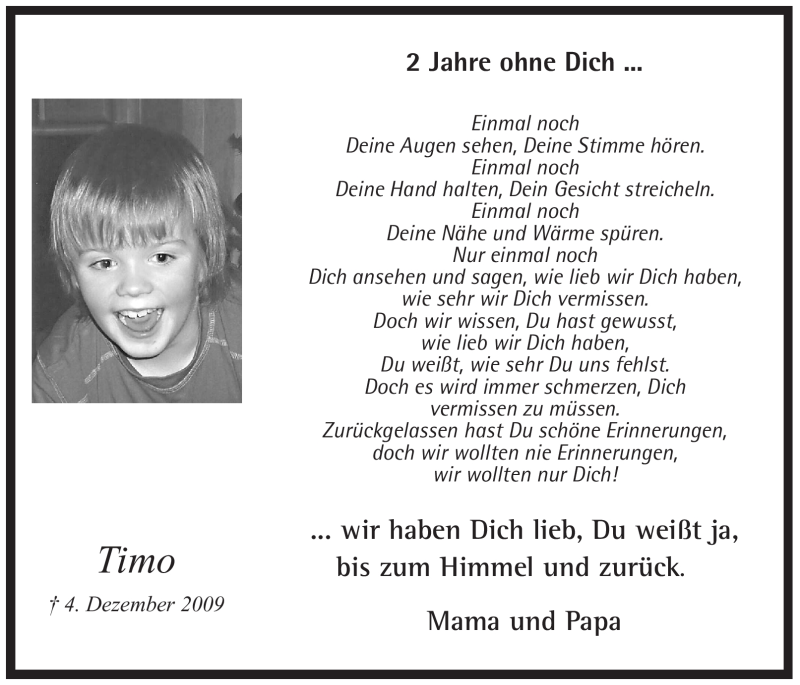  Traueranzeige für Timo  vom 03.12.2011 aus WESTFÄLISCHER ANZEIGER